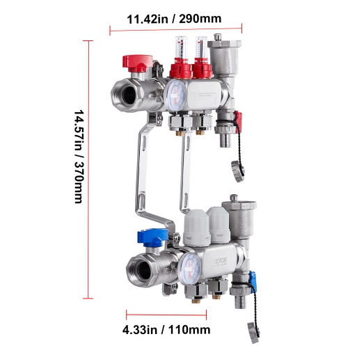 VEVOR 1/2" 2-Branch Radiant Heat Manifold, PEX Tubing Manifold, Stainless Steel PEX Manifold for Hydronic Radiant Floor Heating, Radiant Heat PEX