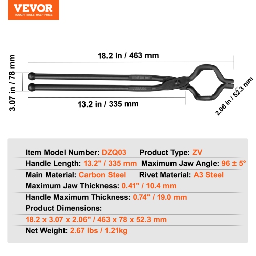 VEVOR 18” Blacksmith Tongs, Z V-Bit Tongs, Carbon Steel Forge Tongs with A3 Steel Rivets, for Knife Blades, Long Pieces, Circular Forgings, for