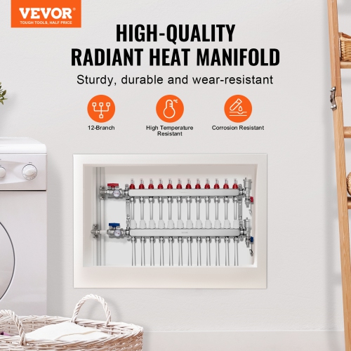 VEVOR 1/2" 12-Branch Radiant Heat Manifold, PEX Tubing Manifold, Stainless Steel PEX Manifold for Hydronic Radiant Floor Heating, Radiant Heat PEX