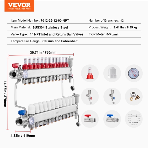 VEVOR 1/2" 12-Branch Radiant Heat Manifold, PEX Tubing Manifold, Stainless Steel PEX Manifold for Hydronic Radiant Floor Heating, Radiant Heat PEX