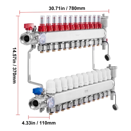 VEVOR 1/2" 12-Branch Radiant Heat Manifold, PEX Tubing Manifold, Stainless Steel PEX Manifold for Hydronic Radiant Floor Heating, Radiant Heat PEX