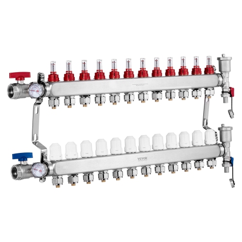 VEVOR 1/2" 12-Branch Radiant Heat Manifold, PEX Tubing Manifold, Stainless Steel PEX Manifold for Hydronic Radiant Floor Heating, Radiant Heat PEX