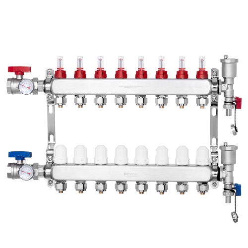 VEVOR 1/2" 8-Branch Radiant Heat Manifold, PEX Tubing Manifold, Stainless Steel PEX Manifold for Hydronic Radiant Floor Heating, Radiant Heat PEX