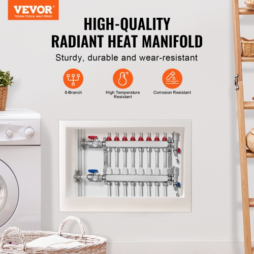 VEVOR 1/2" 8-Branch Radiant Heat Manifold, PEX Tubing Manifold, Stainless Steel PEX Manifold for Hydronic Radiant Floor Heating, Radiant Heat PEX