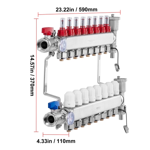 VEVOR 1/2" 8-Branch Radiant Heat Manifold, PEX Tubing Manifold, Stainless Steel PEX Manifold for Hydronic Radiant Floor Heating, Radiant Heat PEX