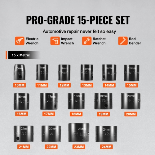 VEVOR 3/8" Drive Impact Socket Set, 15 Piece Ultra-Short Socket Set Metric 10-24mm, 6 Point Cr-Mo Alloy Steel for Auto Repair, Easy-to-Read Size