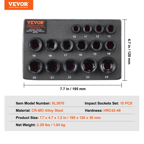 VEVOR 3/8" Drive Impact Socket Set, 15 Piece Ultra-Short Socket Set Metric 10-24mm, 6 Point Cr-Mo Alloy Steel for Auto Repair, Easy-to-Read Size