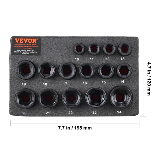 VEVOR 3/8" Drive Impact Socket Set, 15 Piece Ultra-Short Socket Set Metric 10-24mm, 6 Point Cr-Mo Alloy Steel for Auto Repair, Easy-to-Read Size
