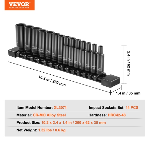 VEVOR 1/4" Drive Impact Socket Set, 14 Piece Deep Socket Set Metric 4-15mm, 6 Point Cr-Mo Alloy Steel for Auto Repair, Easy-to-Read Size Markings,