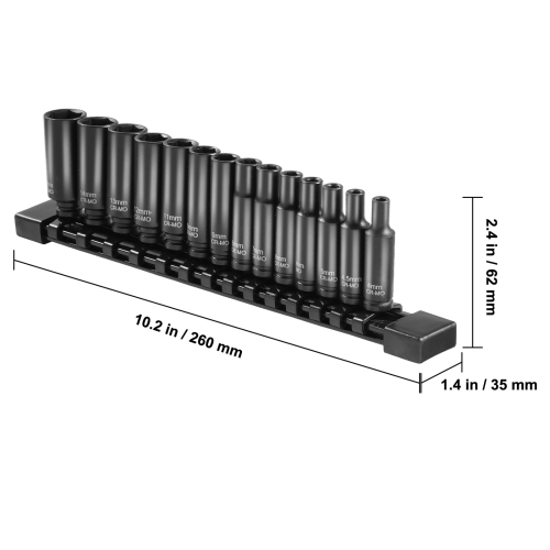 VEVOR 1/4" Drive Impact Socket Set, 14 Piece Deep Socket Set Metric 4-15mm, 6 Point Cr-Mo Alloy Steel for Auto Repair, Easy-to-Read Size Markings,