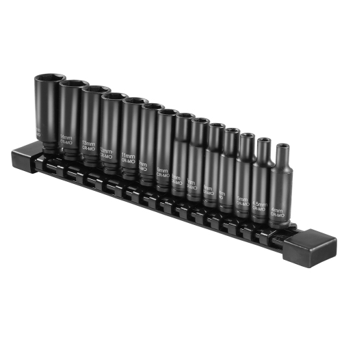 VEVOR 1/4" Drive Impact Socket Set, 14 Piece Deep Socket Set Metric 4-15mm, 6 Point Cr-Mo Alloy Steel for Auto Repair, Easy-to-Read Size Markings,