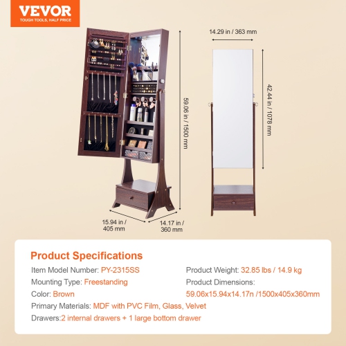 VEVOR Mirror Jewelry Cabinet, Lockable Jewelry Mirror Organizer with Full Length Mirror, Velvet Lining, Interior LED Light, Drawer, Freestanding