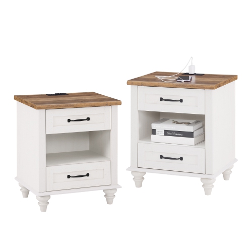WAMPAT  Nightstand w Charging Station Set Of 2, End Sofa Table w USB Ports&power Outlets for Living Room, Bed Side Table w 2 Drawers And Open