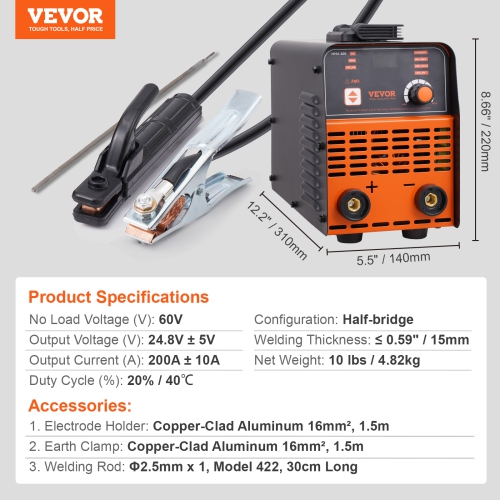 VEVOR 200A ARC/Lift TIG 2-IN-1 Stick Welder, Welding Machine with IGBT Inverter 110V/220V Portable MMA Welder Machine with Hot Start, Arc force and