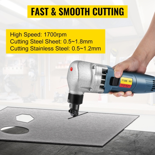 VEVOR 380W Power Electric Sheet Metal Cutter, 1800RPM Rotor Speed, 0.07in/1.8mm Cutting Capacity, Includes Replacement Blades and Storage Case, Ideal