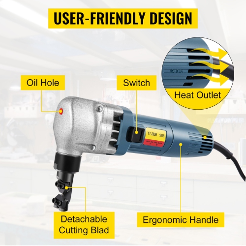 VEVOR 380W Power Electric Sheet Metal Cutter, 1800RPM Rotor Speed, 0.07in/1.8mm Cutting Capacity, Includes Replacement Blades and Storage Case, Ideal
