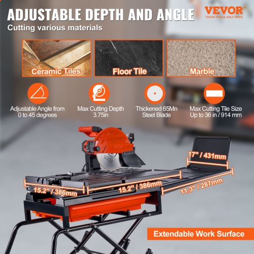 VEVOR 10-inch Wet Tile Saw with Stand, 65Mn Steel Blade, 4500 RPM Motor, Tile Cutter Wet Saw with Water Reservoir and Casters, 0-45 Degrees Miter