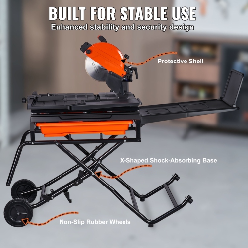 VEVOR 10-inch Wet Tile Saw with Stand, 65Mn Steel Blade, 4500 RPM Motor, Tile Cutter Wet Saw with Water Reservoir and Casters, 0-45 Degrees Miter