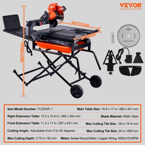 VEVOR 10-inch Wet Tile Saw with Stand, 65Mn Steel Blade, 4500 RPM Motor, Tile Cutter Wet Saw with Water Reservoir and Casters, 0-45 Degrees Miter