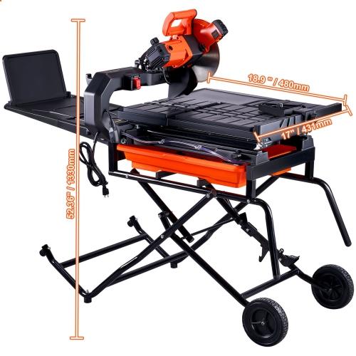 VEVOR 10-inch Wet Tile Saw with Stand, 65Mn Steel Blade, 4500 RPM Motor, Tile Cutter Wet Saw with Water Reservoir and Casters, 0-45 Degrees Miter