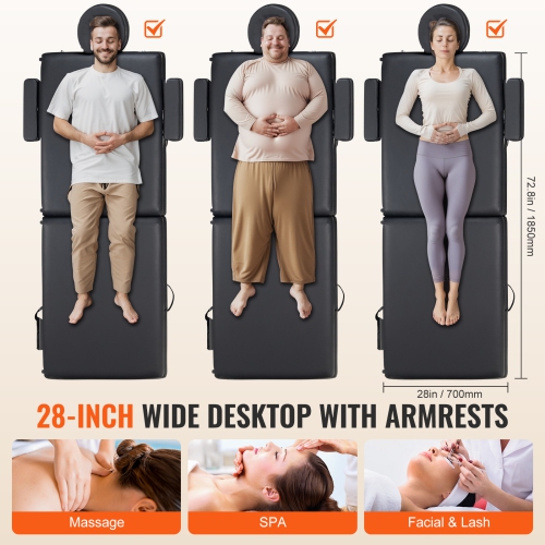 VEVOR 28" W Portable Massage Table, 2 Folding Lightweight Massage Table, 8-Level Height Adjustable Salon Tattoo Bed, Spa Table with Headrest, Hand