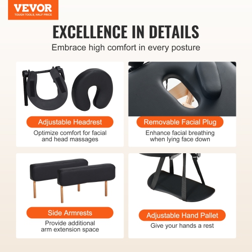 VEVOR 28" W Portable Massage Table, 2 Folding Lightweight Massage Table, 8-Level Height Adjustable Salon Tattoo Bed, Spa Table with Headrest, Hand