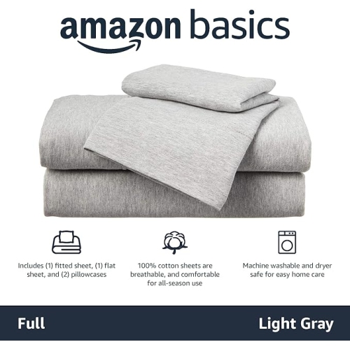 VAST Amazon Basics Heather Cotton Jersey Bed Sheet Set - Full, Light Grey, Queen Size