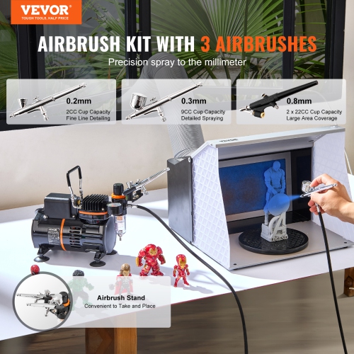 VEVOR Airbrush Kit, Dual Fan Air Compressor Professional Airbrushing System Kit with 3 Airbrushes, Holder, Color Mixing Wheel, Cleaning Brush Set,