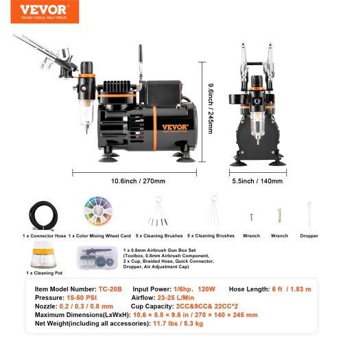VEVOR Airbrush Kit, Dual Fan Air Compressor Professional Airbrushing System Kit with 3 Airbrushes, Holder, Color Mixing Wheel, Cleaning Brush Set,