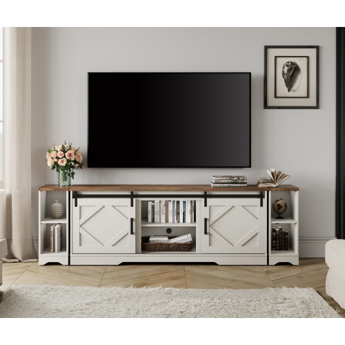 WAMPAT Farmhouse TV Stand Modern Sliding Barn Door Entertainment Center for TVs Up to 100 inch, Wood TV Media Console Table Cabinet Storage for