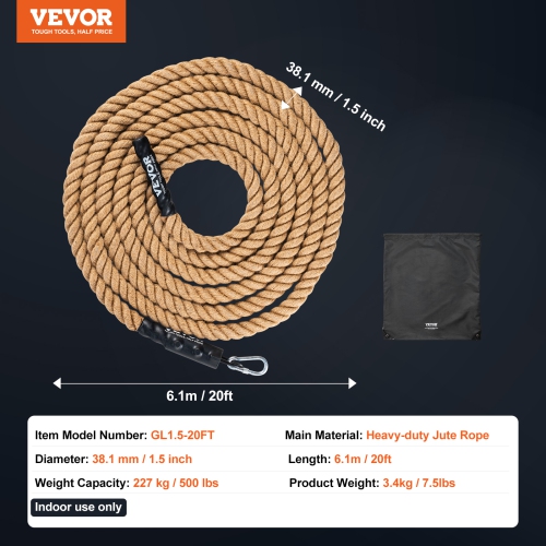 VEVOR 1.5" Diameter 20 ft Length Gym Climbing Rope, Gym Fitness Training Rope, Gym Exercise Workout Rope for Adults, Climbing Rope for Fitness and