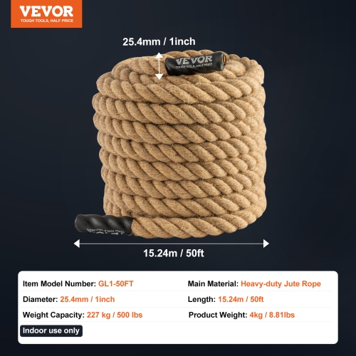 VEVOR 1" Diameter 50 ft Length Gym Climbing Rope, Gym Fitness Training Rope, Gym Exercise Workout Rope for Adults, Climbing Rope for Fitness and