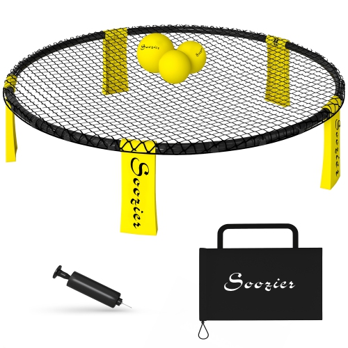 Soozier Spike Game Set, Mini Beach Games Set with Roundnet, 3 Balls, Pump, Carrying Bag, Portable Outdoor Games for Families, Lawn, Yard, Park, Yellow