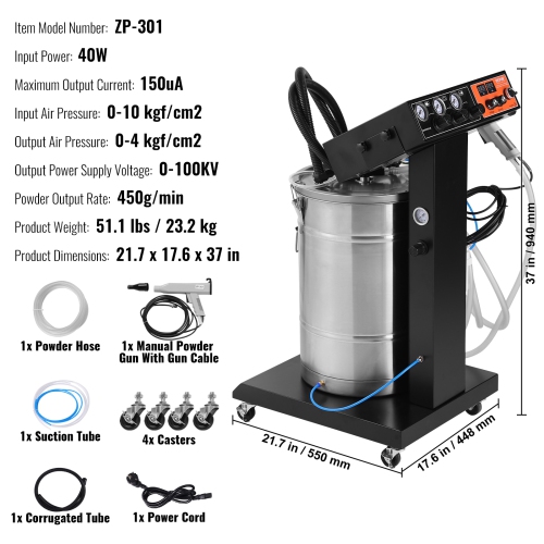 VEVOR 40 W 100KV Powder Coating System, Electrostatic Output Powder Coating Kit with 50L Powder Hopper, 450g Per Minute Powder Coating Machine with