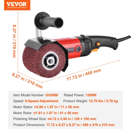 VEVOR 1200W Burnishing Polishing Machine, 6 Variable Speed Surface Conditioning Tool, Handheld Electric Metal Burnishing Machine with 4 Fiber
