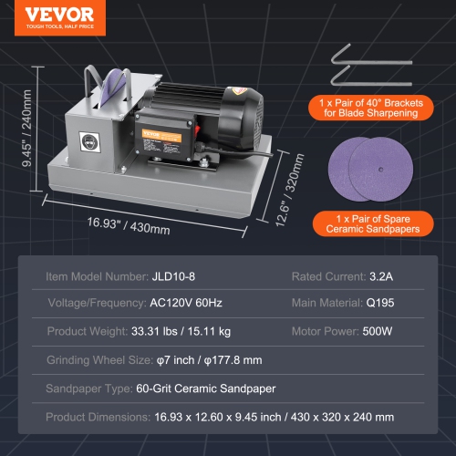VEVOR 2/3HP 500W Lawn Mower Blade Sharpener, Lawnmower Blade Grinder with 7-inch Ceramic Grinding Wheel, Bench Mower Sharpening Machine for High/Low