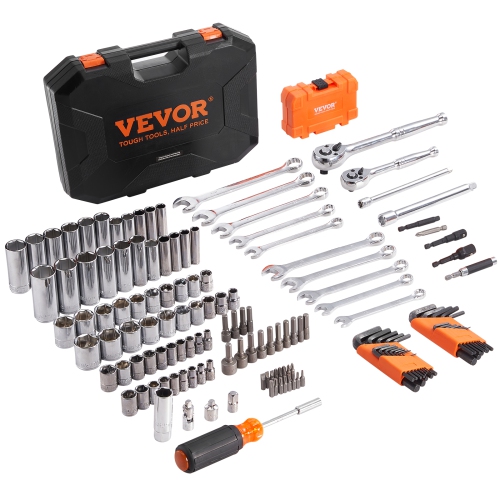 VEVOR  1/4" And 3/8" Mechanics Tool Set And Socket Set, Drive Deep And Standard Sockets, 145 PCs Sae And Metric Mechanic Tool Kit \w Bits