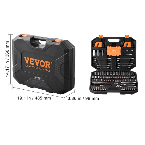 VEVOR 1/4" and 3/8" Mechanics Tool Set and Socket Set, Drive Deep and Standard Sockets, 145 Pcs SAE and Metric Mechanic Tool Kit with Bits,