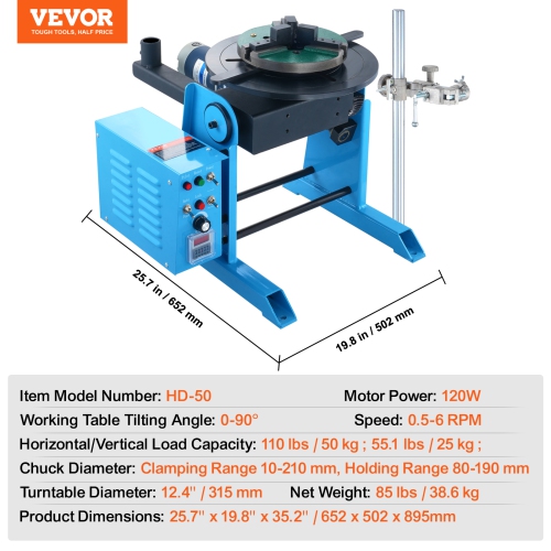 VEVOR 50KG Rotary Welding Positioner, 0-90° Welding Positioning Turntable Table 0.5-6RPM 120W, with 12.4 Inch 3-Jaw Lathe Chuck & Welding Torch Stand