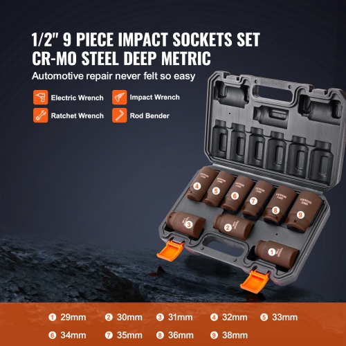 VEVOR 1/2" Drive Impact Socket Set, 9 Piece Deep Socket Set Metric 29-38mm, 6 Point Cr-Mo Alloy Steel for Auto Repair, Easy-to-Read Size Markings,