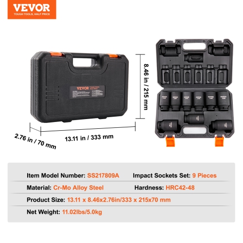 VEVOR 1/2" Drive Impact Socket Set, 9 Piece Deep Socket Set Metric 29-38mm, 6 Point Cr-Mo Alloy Steel for Auto Repair, Easy-to-Read Size Markings,