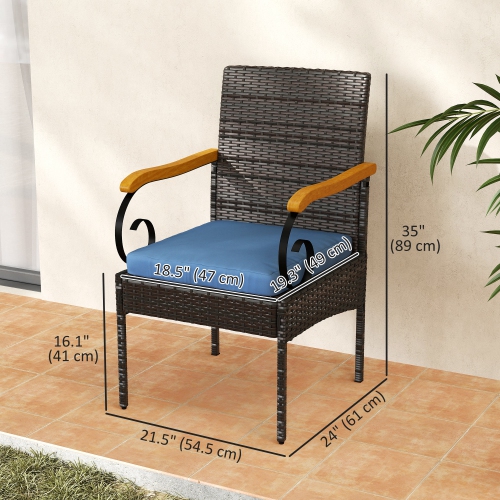 Outsunny Wicker Patio Chairs Set of 2, PE Rattan Outdoor Dining Chairs with Removable Cushion, Acacia Wood Armrests, Steel Frame for Garden Porch