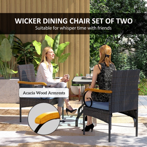 Outsunny Wicker Patio Chairs Set of 2, PE Rattan Outdoor Dining Chairs with Removable Cushion, Acacia Wood Armrests, Steel Frame for Garden Porch