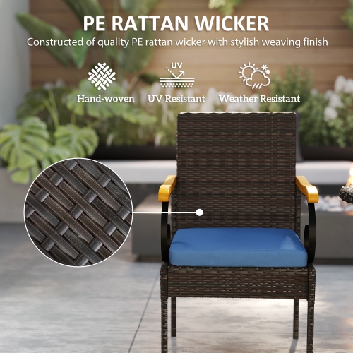 Outsunny Wicker Patio Chairs Set of 2, PE Rattan Outdoor Dining Chairs with Removable Cushion, Acacia Wood Armrests, Steel Frame for Garden Porch