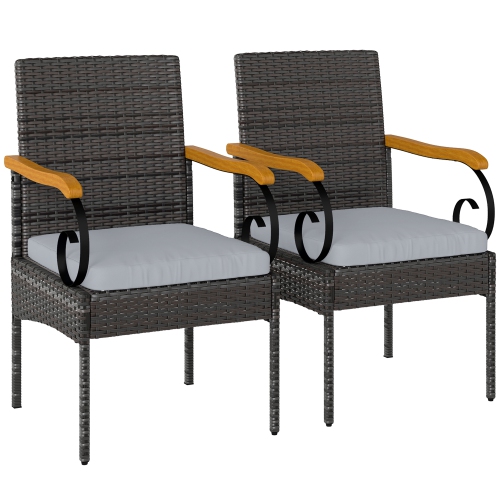 Outsunny Wicker Patio Chairs Set of 2, PE Rattan Outdoor Dining Chairs with Removable Cushion, Acacia Wood Armrests, Steel Frame for Garden Porch