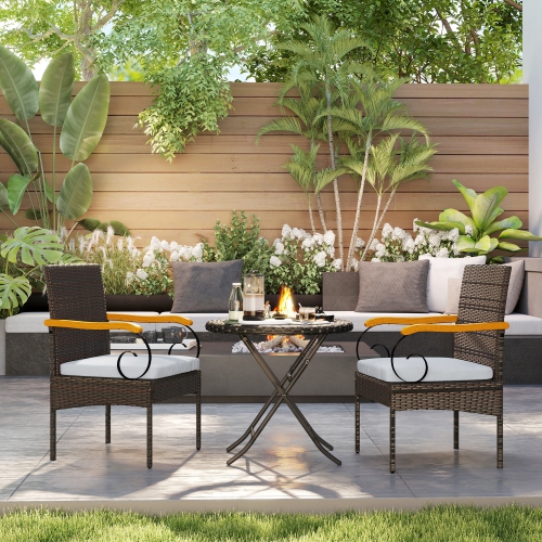Outsunny Wicker Patio Chairs Set of 2, PE Rattan Outdoor Dining Chairs with Removable Cushion, Acacia Wood Armrests, Steel Frame for Garden Porch