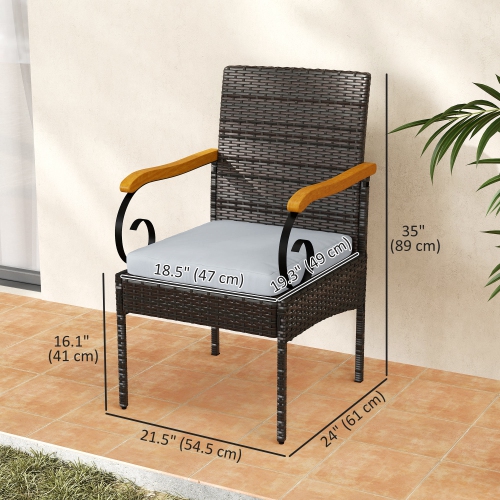 Outsunny Wicker Patio Chairs Set of 2, PE Rattan Outdoor Dining Chairs with Removable Cushion, Acacia Wood Armrests, Steel Frame for Garden Porch