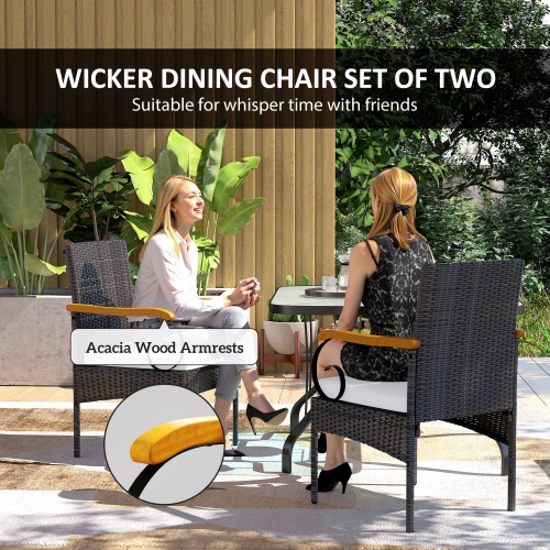 Outsunny Wicker Patio Chairs Set of 2, PE Rattan Outdoor Dining Chairs with Removable Cushion, Acacia Wood Armrests, Steel Frame for Garden Porch