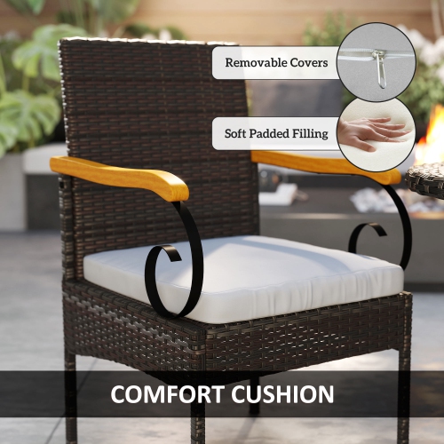 Outsunny Wicker Patio Chairs Set of 2, PE Rattan Outdoor Dining Chairs with Removable Cushion, Acacia Wood Armrests, Steel Frame for Garden Porch