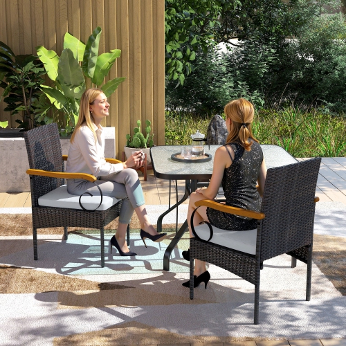 Outsunny Wicker Patio Chairs Set of 2, PE Rattan Outdoor Dining Chairs with Removable Cushion, Acacia Wood Armrests, Steel Frame for Garden Porch